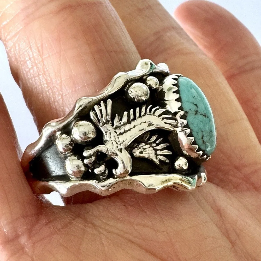 Navajo Eagle Mens Band Sz 13 Ring Turquoise Sterling Francisco Native American‎